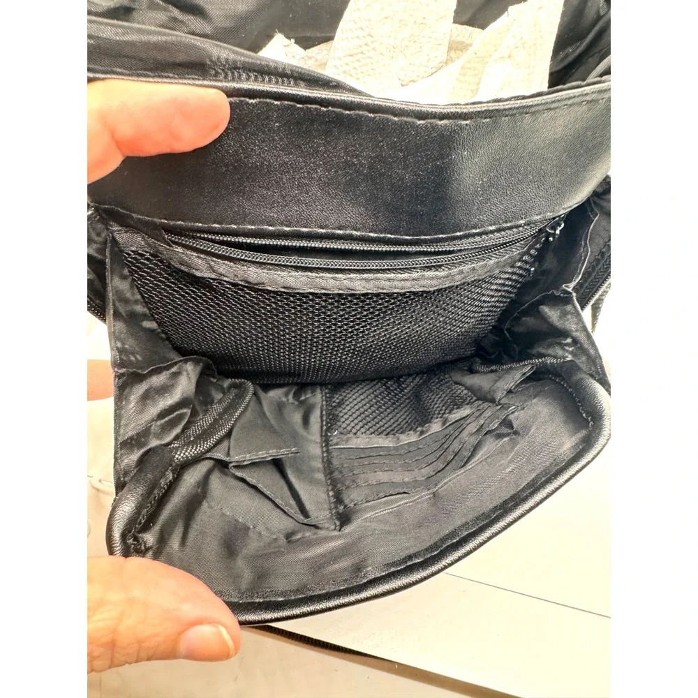 Black Leather Crossbody Sling Bag Multi Pocket Utility Messenger Travel Bag